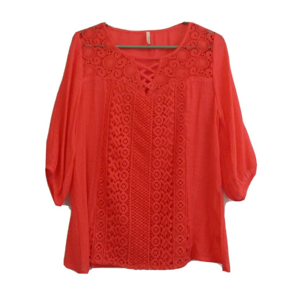 IRE Blouse Tunic Size XL CORAL Crochet Lace Gauzy Cloth Lined V-Neck 3/4 Sleeve